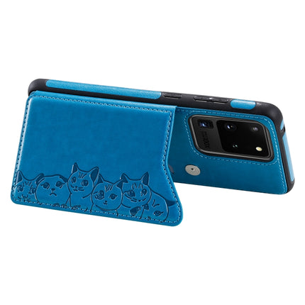 For Galaxy S20 Ultra Six Cats Embossing Pattern Shockproof Protective Case with Card Slots & Photo Frame(Blue)-garmade.com