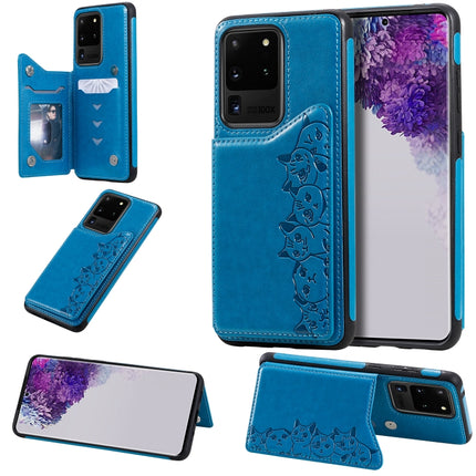 For Galaxy S20 Ultra Six Cats Embossing Pattern Shockproof Protective Case with Card Slots & Photo Frame(Blue)-garmade.com