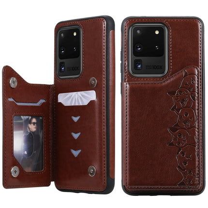 For Galaxy S20 Ultra Six Cats Embossing Pattern Shockproof Protective Case with Card Slots & Photo Frame(Brown)-garmade.com