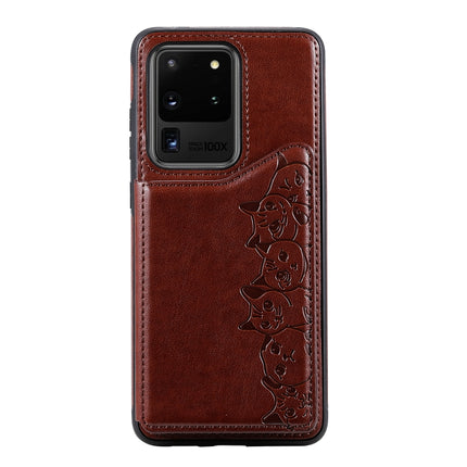 For Galaxy S20 Ultra Six Cats Embossing Pattern Shockproof Protective Case with Card Slots & Photo Frame(Brown)-garmade.com