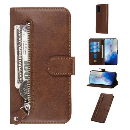 For Galaxy S20 Fashion Calf Texture Zipper Horizontal Flip Leather Case with Stand & Card Slots & Wallet Function(Brown)-garmade.com