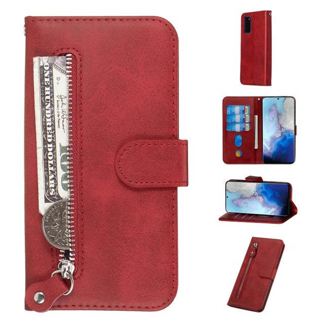 For Galaxy S20 Fashion Calf Texture Zipper Horizontal Flip Leather Case with Stand & Card Slots & Wallet Function(Red)-garmade.com