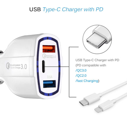 308 3 in 1 Cigarette Lighter Conversion Plug Multi-function USB Car Fast Charger(White)-garmade.com