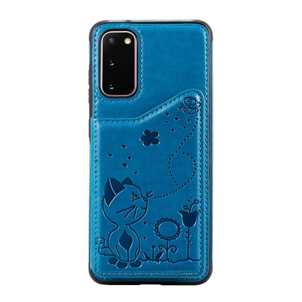 For Galaxy S20 Cat Bee Embossing Pattern Shockproof Protective Case with Card Slots & Photo Frame(Blue)-garmade.com