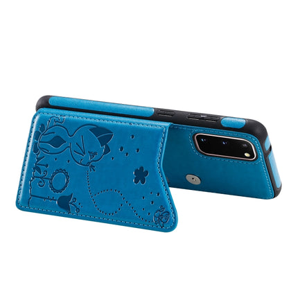 For Galaxy S20 Cat Bee Embossing Pattern Shockproof Protective Case with Card Slots & Photo Frame(Blue)-garmade.com