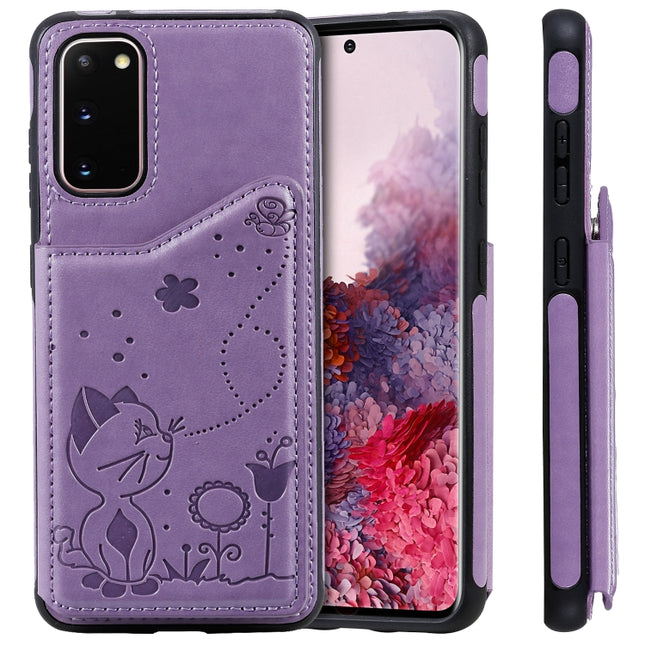For Galaxy S20 Cat Bee Embossing Pattern Shockproof Protective Case with Card Slots & Photo Frame(Purple)-garmade.com