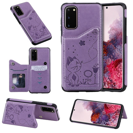 For Galaxy S20 Cat Bee Embossing Pattern Shockproof Protective Case with Card Slots & Photo Frame(Purple)-garmade.com