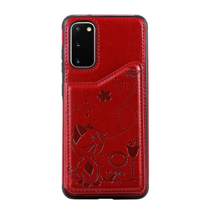 For Galaxy S20 Cat Bee Embossing Pattern Shockproof Protective Case with Card Slots & Photo Frame(Red)-garmade.com