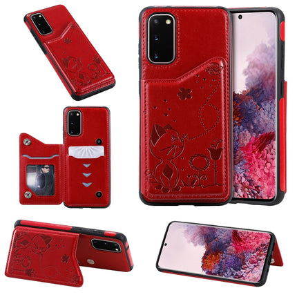 For Galaxy S20 Cat Bee Embossing Pattern Shockproof Protective Case with Card Slots & Photo Frame(Red)-garmade.com