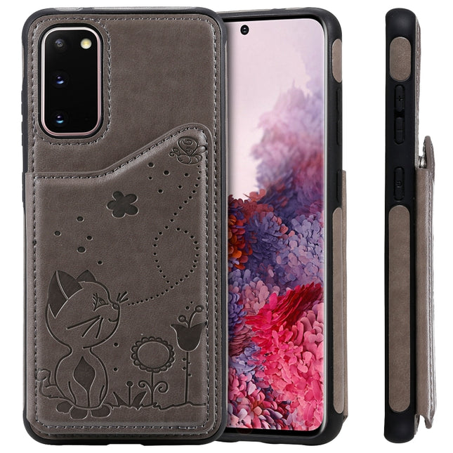 For Galaxy S20 Cat Bee Embossing Pattern Shockproof Protective Case with Card Slots & Photo Frame(Grey)-garmade.com