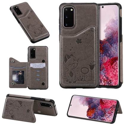 For Galaxy S20 Cat Bee Embossing Pattern Shockproof Protective Case with Card Slots & Photo Frame(Grey)-garmade.com