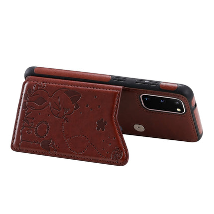 For Galaxy S20 Cat Bee Embossing Pattern Shockproof Protective Case with Card Slots & Photo Frame(Brown)-garmade.com