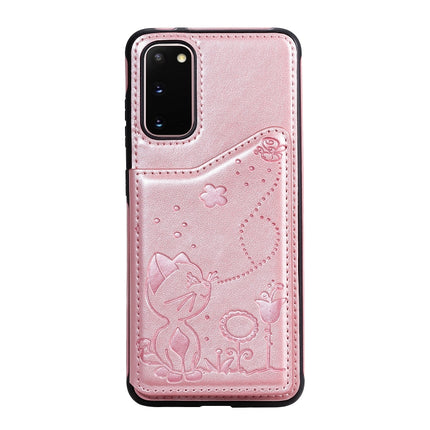 For Galaxy S20 Cat Bee Embossing Pattern Shockproof Protective Case with Card Slots & Photo Frame(Rose Gold)-garmade.com