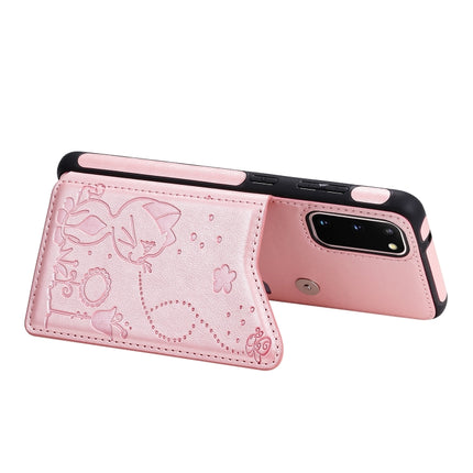 For Galaxy S20 Cat Bee Embossing Pattern Shockproof Protective Case with Card Slots & Photo Frame(Rose Gold)-garmade.com