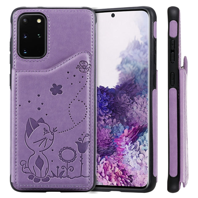 For Galaxy S20 Plus Cat Bee Embossing Pattern Shockproof Protective Case with Card Slots & Photo Frame(Purple)-garmade.com
