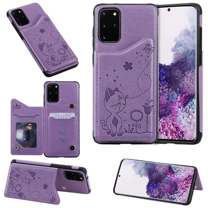 For Galaxy S20 Plus Cat Bee Embossing Pattern Shockproof Protective Case with Card Slots & Photo Frame(Purple)-garmade.com