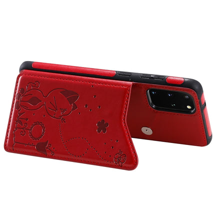 For Galaxy S20 Plus Cat Bee Embossing Pattern Shockproof Protective Case with Card Slots & Photo Frame(Red)-garmade.com