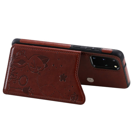 For Galaxy S20 Plus Cat Bee Embossing Pattern Shockproof Protective Case with Card Slots & Photo Frame(Brown)-garmade.com
