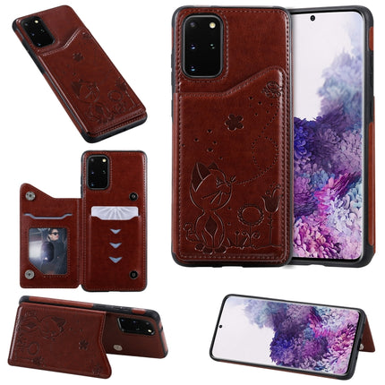 For Galaxy S20 Plus Cat Bee Embossing Pattern Shockproof Protective Case with Card Slots & Photo Frame(Brown)-garmade.com