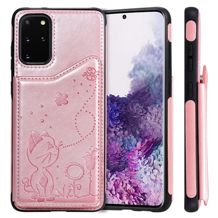 For Galaxy S20 Plus Cat Bee Embossing Pattern Shockproof Protective Case with Card Slots & Photo Frame(Rose Gold)-garmade.com