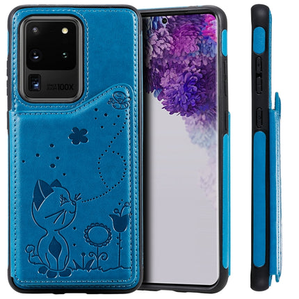For Galaxy S20 Ultra Cat Bee Embossing Pattern Shockproof Protective Case with Card Slots & Photo Frame(Blue)-garmade.com