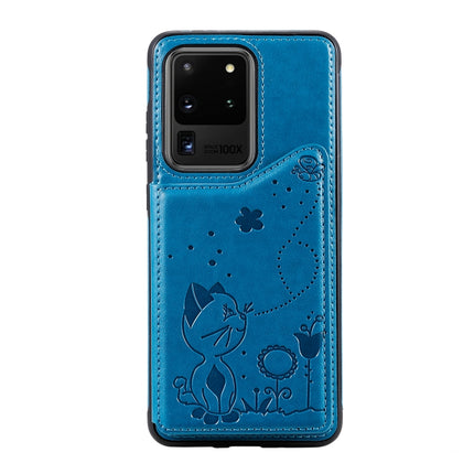 For Galaxy S20 Ultra Cat Bee Embossing Pattern Shockproof Protective Case with Card Slots & Photo Frame(Blue)-garmade.com