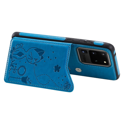 For Galaxy S20 Ultra Cat Bee Embossing Pattern Shockproof Protective Case with Card Slots & Photo Frame(Blue)-garmade.com