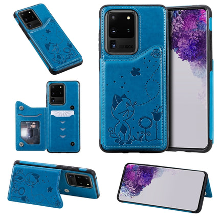 For Galaxy S20 Ultra Cat Bee Embossing Pattern Shockproof Protective Case with Card Slots & Photo Frame(Blue)-garmade.com