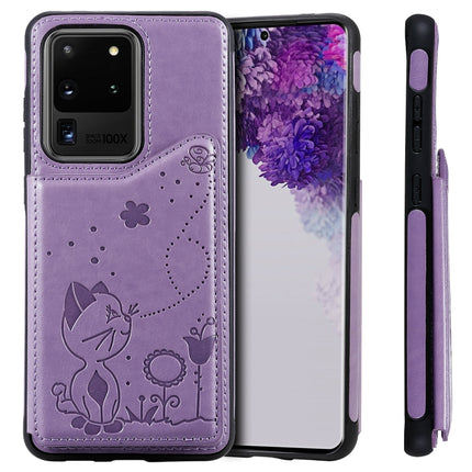 For Galaxy S20 Ultra Cat Bee Embossing Pattern Shockproof Protective Case with Card Slots & Photo Frame(Purple)-garmade.com