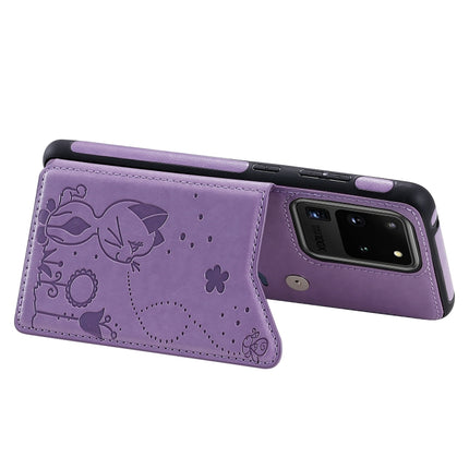 For Galaxy S20 Ultra Cat Bee Embossing Pattern Shockproof Protective Case with Card Slots & Photo Frame(Purple)-garmade.com