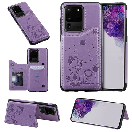 For Galaxy S20 Ultra Cat Bee Embossing Pattern Shockproof Protective Case with Card Slots & Photo Frame(Purple)-garmade.com