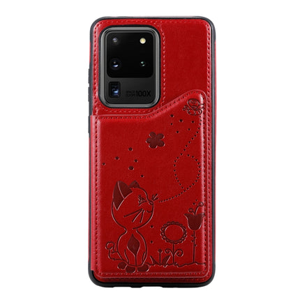 For Galaxy S20 Ultra Cat Bee Embossing Pattern Shockproof Protective Case with Card Slots & Photo Frame(Red)-garmade.com