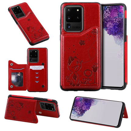 For Galaxy S20 Ultra Cat Bee Embossing Pattern Shockproof Protective Case with Card Slots & Photo Frame(Red)-garmade.com