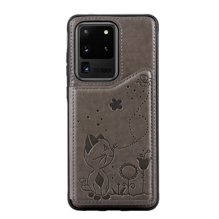 For Galaxy S20 Ultra Cat Bee Embossing Pattern Shockproof Protective Case with Card Slots & Photo Frame(Grey)-garmade.com