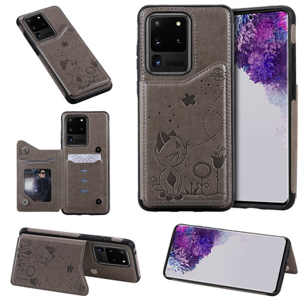 For Galaxy S20 Ultra Cat Bee Embossing Pattern Shockproof Protective Case with Card Slots & Photo Frame(Grey)-garmade.com