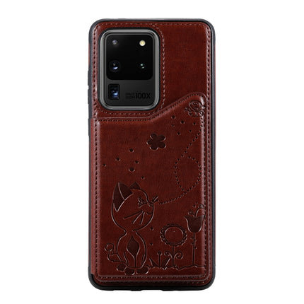 For Galaxy S20 Ultra Cat Bee Embossing Pattern Shockproof Protective Case with Card Slots & Photo Frame(Brown)-garmade.com