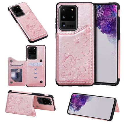 For Galaxy S20 Ultra Cat Bee Embossing Pattern Shockproof Protective Case with Card Slots & Photo Frame(Rose Gold)-garmade.com