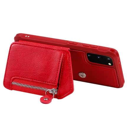 For Galaxy S20 Zipper Double Buckle Shockproof Protective Case with Stand & Photo Holder & Wallet Function(Red)-garmade.com