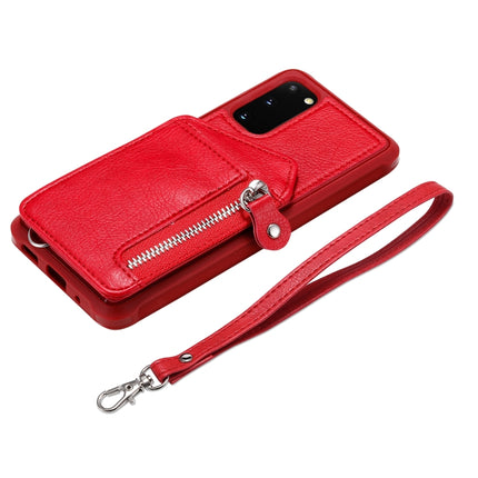 For Galaxy S20 Zipper Double Buckle Shockproof Protective Case with Stand & Photo Holder & Wallet Function(Red)-garmade.com