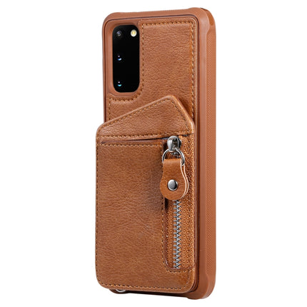 For Galaxy S20 Zipper Double Buckle Shockproof Protective Case with Stand & Photo Holder & Wallet Function(Coffee)-garmade.com