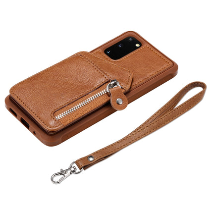 For Galaxy S20 Zipper Double Buckle Shockproof Protective Case with Stand & Photo Holder & Wallet Function(Coffee)-garmade.com