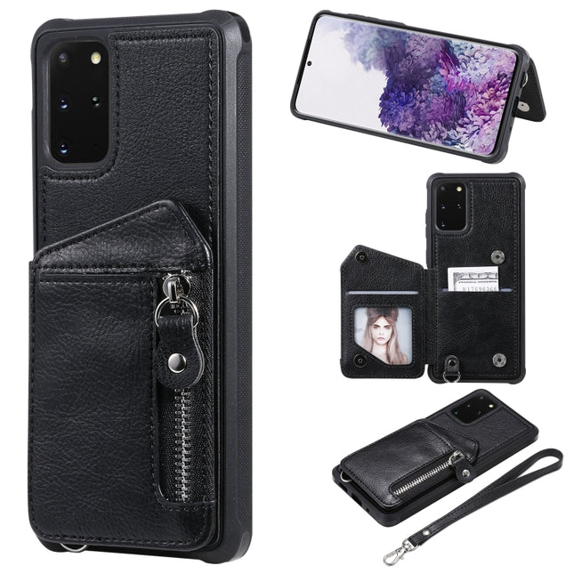 For Galaxy S20+ Zipper Double Buckle Shockproof Protective Case with Stand & Photo Holder & Wallet Function(Black)-garmade.com