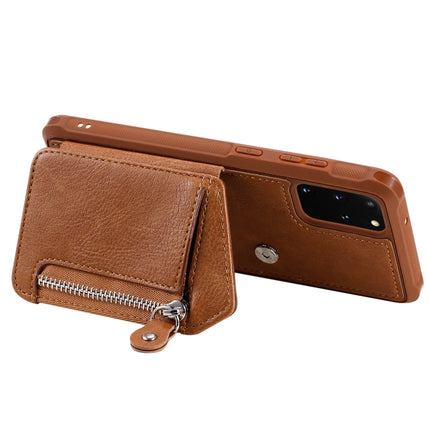 For Galaxy S20+ Zipper Double Buckle Shockproof Protective Case with Stand & Photo Holder & Wallet Function(Coffee)-garmade.com
