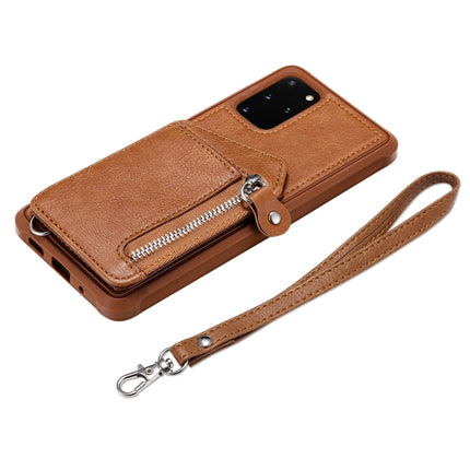 For Galaxy S20+ Zipper Double Buckle Shockproof Protective Case with Stand & Photo Holder & Wallet Function(Coffee)-garmade.com