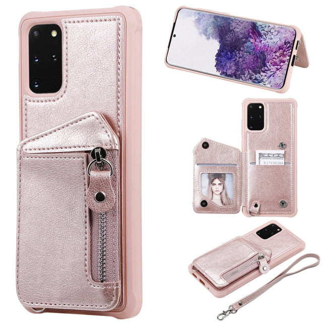 For Galaxy S20+ Zipper Double Buckle Shockproof Protective Case with Stand & Photo Holder & Wallet Function(Rose Gold)-garmade.com