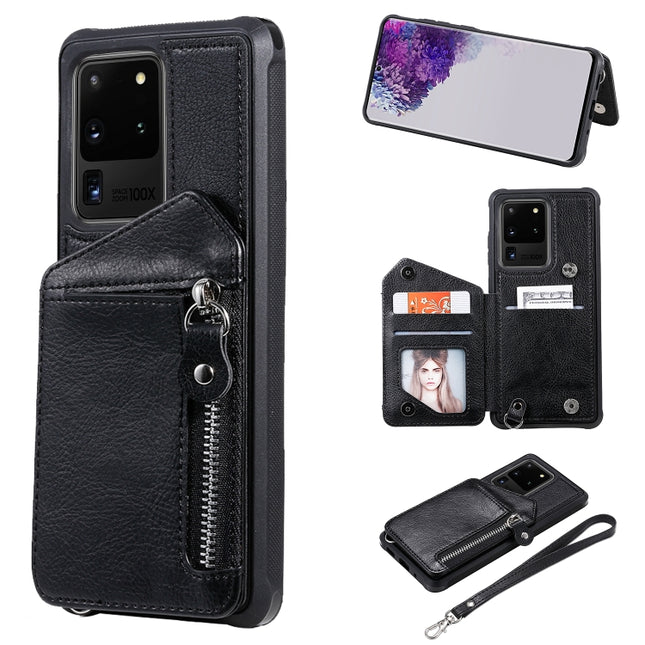 For Galaxy S20 Ultra Zipper Double Buckle Shockproof Protective Case with Stand & Photo Holder & Wallet Function(Black)-garmade.com