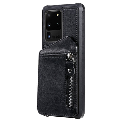 For Galaxy S20 Ultra Zipper Double Buckle Shockproof Protective Case with Stand & Photo Holder & Wallet Function(Black)-garmade.com