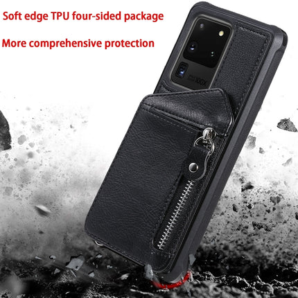 For Galaxy S20 Ultra Zipper Double Buckle Shockproof Protective Case with Stand & Photo Holder & Wallet Function(Black)-garmade.com