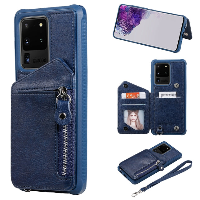 For Galaxy S20 Ultra Zipper Double Buckle Shockproof Protective Case with Stand & Photo Holder & Wallet Function(Blue)-garmade.com