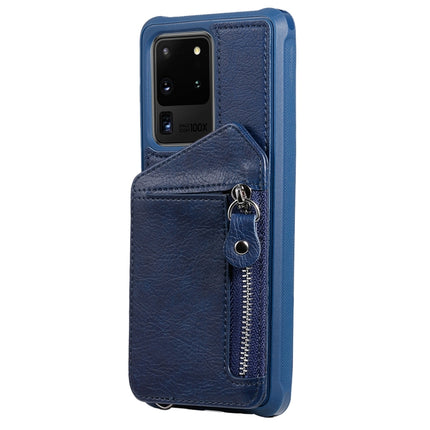 For Galaxy S20 Ultra Zipper Double Buckle Shockproof Protective Case with Stand & Photo Holder & Wallet Function(Blue)-garmade.com